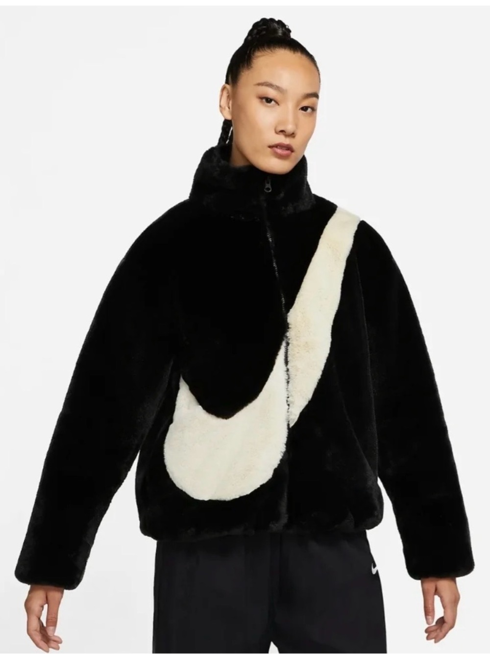 Nike Black Faux-Fur Zip Jacket with White Swoosh